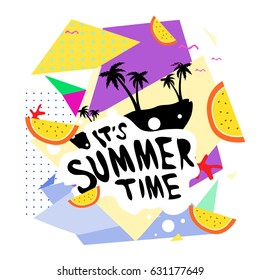 Summer time vector banner design with white abstract background for text and colorful tropical beach elements. Vector illustration template for event. 