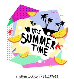 Summer time vector banner design with white abstract background for text and colorful tropical beach elements. Vector illustration template for event. 