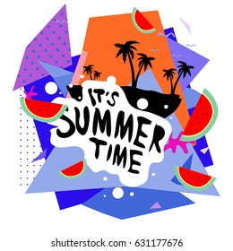 Summer time vector banner design with white abstract background for text and colorful tropical beach elements. Vector illustration template for event. 