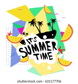Summer time vector banner design with white abstract background for text and colorful tropical beach elements. Vector illustration template for event. 