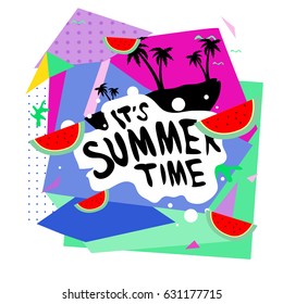 Summer time vector banner design with white abstract background for text and colorful tropical beach elements. Vector illustration template for event. 