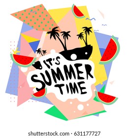 Summer time vector banner design with white abstract background for text and colorful tropical beach elements. Vector illustration template for event. 