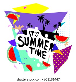 Summer time vector banner design with white abstract background for text and colorful tropical beach elements. Vector illustration template for event. 