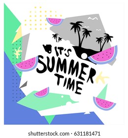 Summer time vector banner design with white abstract background for text and colorful tropical beach elements. Vector illustration template for event. 