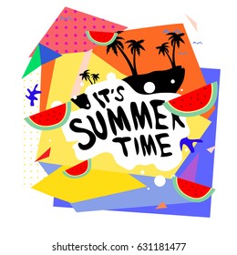 Summer time vector banner design with white abstract background for text and colorful tropical beach elements. Vector illustration template for event. 