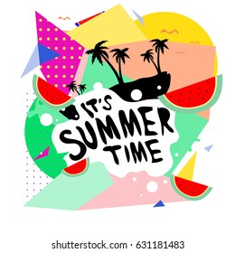 Summer time vector banner design with white abstract background for text and colorful tropical beach elements. Vector illustration template for event. 