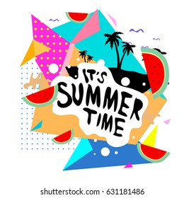 Summer time vector banner design with white abstract background for text and colorful tropical beach elements. Vector illustration template for event. 