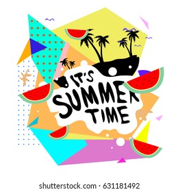 Summer time vector banner design with white abstract background for text and colorful tropical beach elements. Vector illustration template for event. 