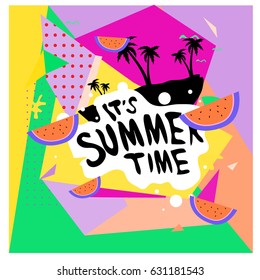 Summer time vector banner design with white abstract background for text and colorful tropical beach elements. Vector illustration template for event. 