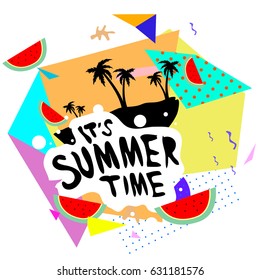 Summer time vector banner design with white abstract background for text and colorful tropical beach elements. Vector illustration template for event. 