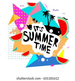 Summer time vector banner design with white abstract background for text and colorful tropical beach elements. Vector illustration template for event. 