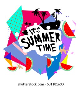 Summer time vector banner design with white abstract background for text and colorful tropical beach elements. Vector illustration template for event. 