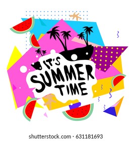 Summer time vector banner design with white abstract background for text and colorful tropical beach elements. Vector illustration template for event. 
