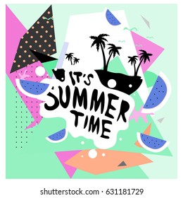 Summer time vector banner design with white abstract background for text and colorful tropical beach elements. Vector illustration template for event. 