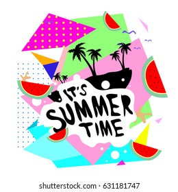 Summer time vector banner design with white abstract background for text and colorful tropical beach elements. Vector illustration template for event. 