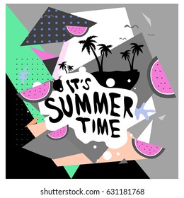 Summer time vector banner design with white abstract background for text and colorful tropical beach elements. Vector illustration template for event. 