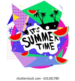 Summer time vector banner design with white abstract background for text and colorful tropical beach elements. Vector illustration template for event. 