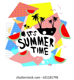 Summer time vector banner design with white abstract background for text and colorful tropical beach elements. Vector illustration template for event. 