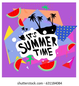 Summer time vector banner design with white abstract background for text and colorful tropical beach elements. Vector illustration template for event. 