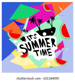 Summer time vector banner design with white abstract background for text and colorful tropical beach elements. Vector illustration template for event. 