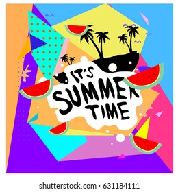 Summer time vector banner design with white abstract background for text and colorful tropical beach elements. Vector illustration template for event. 
