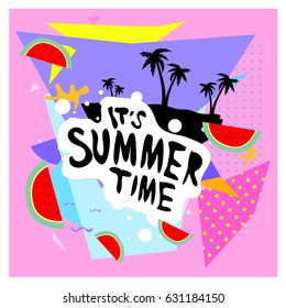 Summer time vector banner design with white abstract background for text and colorful tropical beach elements. Vector illustration template for event. 