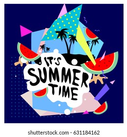Summer time vector banner design with white abstract background for text and colorful tropical beach elements. Vector illustration template for event. 