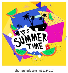 Summer time vector banner design with white abstract background for text and colorful tropical beach elements. Vector illustration template for event. 