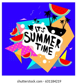 Summer time vector banner design with white abstract background for text and colorful tropical beach elements. Vector illustration template for event. 
