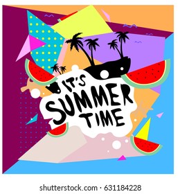 Summer time vector banner design with white abstract background for text and colorful tropical beach elements. Vector illustration template for event. 