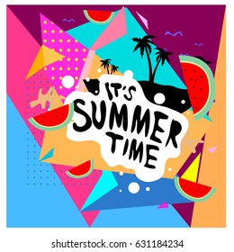 Summer time vector banner design with white abstract background for text and colorful tropical beach elements. Vector illustration template for event. 