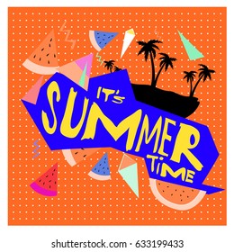 Summer time vector banner design with white abstract background for text and colorful tropical beach elements. Vector illustration template for event. 