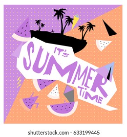 Summer time vector banner design with white abstract background for text and colorful tropical beach elements. Vector illustration template for event. 