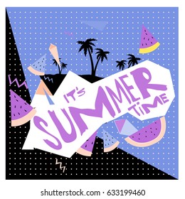 Summer time vector banner design with white abstract background for text and colorful tropical beach elements. Vector illustration template for event. 
