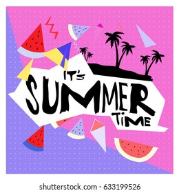 Summer time vector banner design with white abstract background for text and colorful tropical beach elements. Vector illustration template for event. 