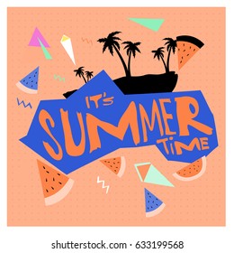 Summer time vector banner design with white abstract background for text and colorful tropical beach elements. Vector illustration template for event. 