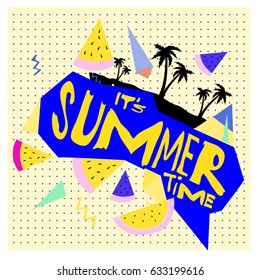Summer time vector banner design with white abstract background for text and colorful tropical beach elements. Vector illustration template for event. 
