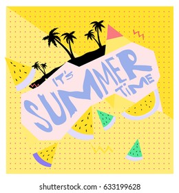 Summer time vector banner design with white abstract background for text and colorful tropical beach elements. Vector illustration template for event. 