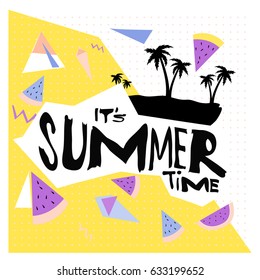 Summer time vector banner design with white abstract background for text and colorful tropical beach elements. Vector illustration template for event. 