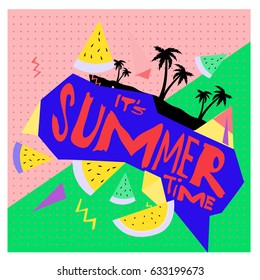 Summer time vector banner design with white abstract background for text and colorful tropical beach elements. Vector illustration template for event. 