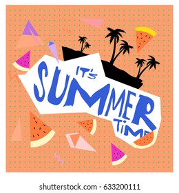 Summer time vector banner design with white abstract background for text and colorful tropical beach elements. Vector illustration template for event. 