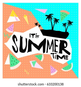 Summer time vector banner design with white abstract background for text and colorful tropical beach elements. Vector illustration template for event. 