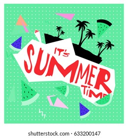 Summer time vector banner design with white abstract background for text and colorful tropical beach elements. Vector illustration template for event. 