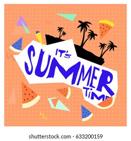 Summer time vector banner design with white abstract background for text and colorful tropical beach elements. Vector illustration template for event. 