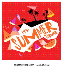 Summer time vector banner design with white abstract background for text and colorful tropical beach elements. Vector illustration template for event. 