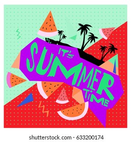 Summer time vector banner design with white abstract background for text and colorful tropical beach elements. Vector illustration template for event. 