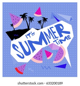 Summer time vector banner design with white abstract background for text and colorful tropical beach elements. Vector illustration template for event. 