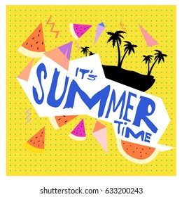 Summer time vector banner design with white abstract background for text and colorful tropical beach elements. Vector illustration template for event. 