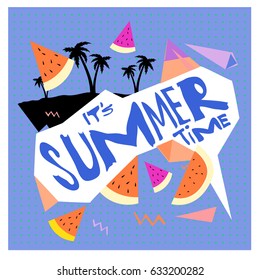 Summer time vector banner design with white abstract background for text and colorful tropical beach elements. Vector illustration template for event. 