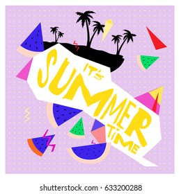 Summer time vector banner design with white abstract background for text and colorful tropical beach elements. Vector illustration template for event. 